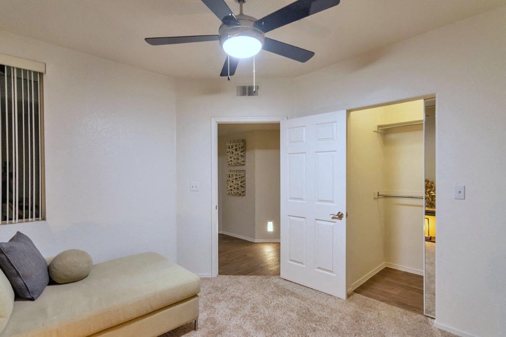 a living room with a ceiling fan and a door to a closet