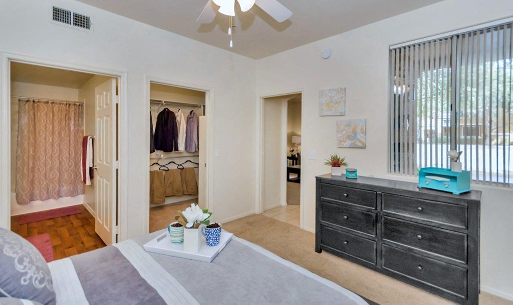 a bedroom with a bed and a dresser and a closet