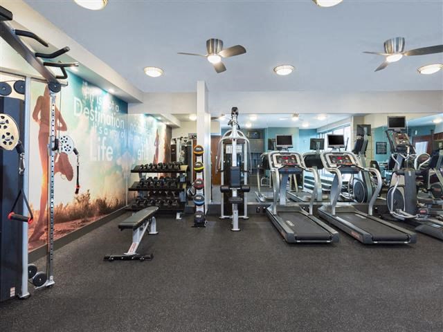 a gym with a bunch of exercise equipment on the floor