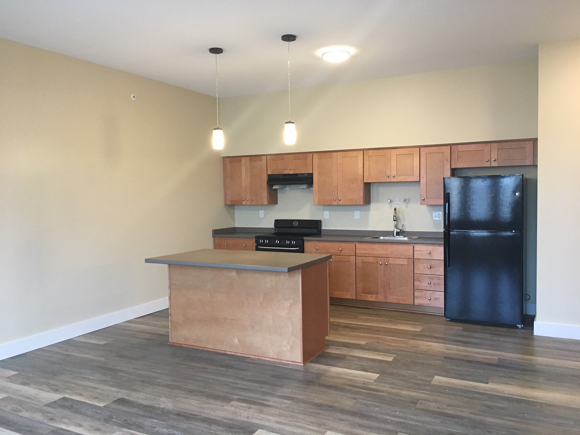 an empty kitchen with a black refrigerator and wooden cabinets