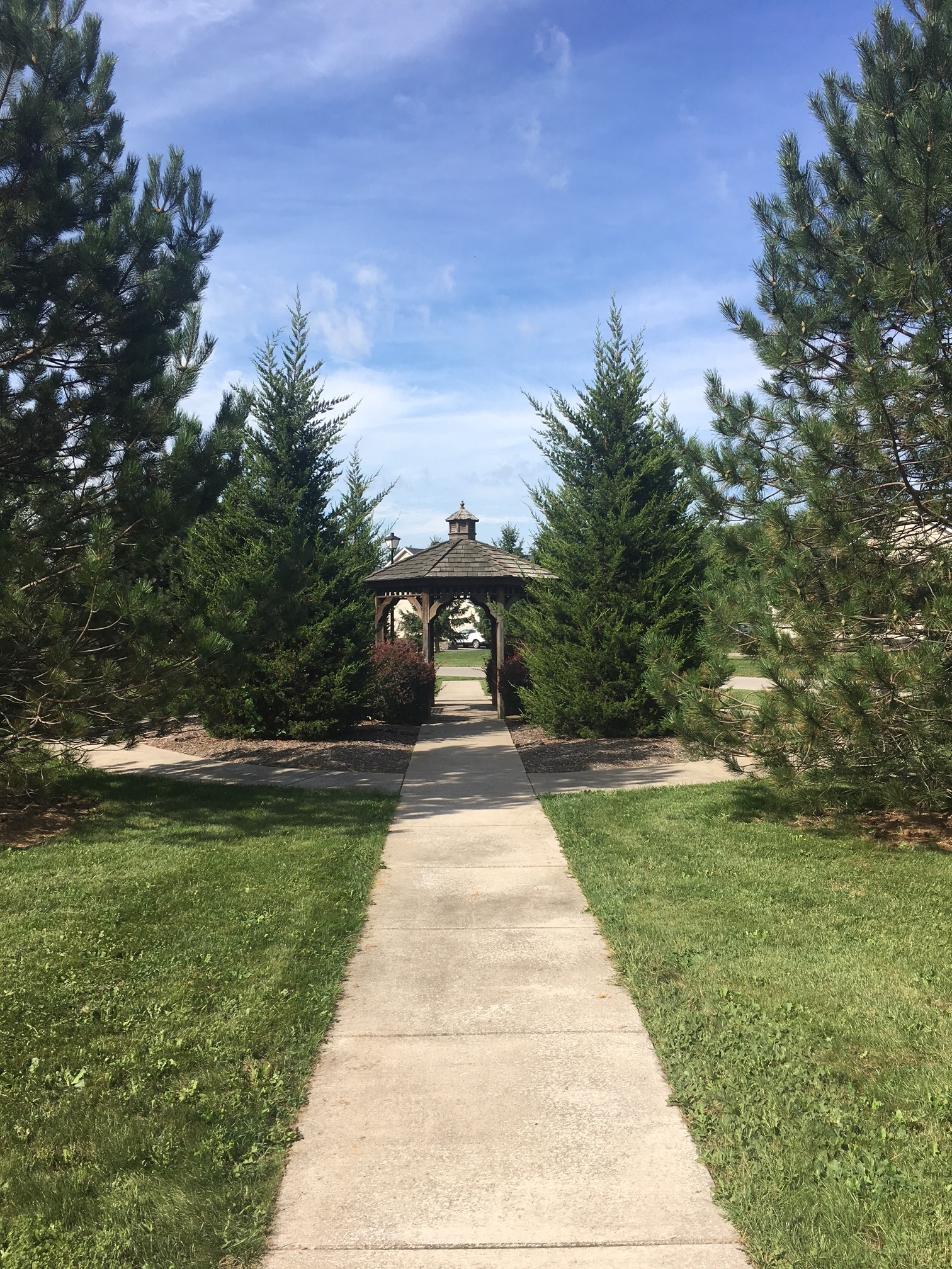 a pathway leading to a gazebo in a park