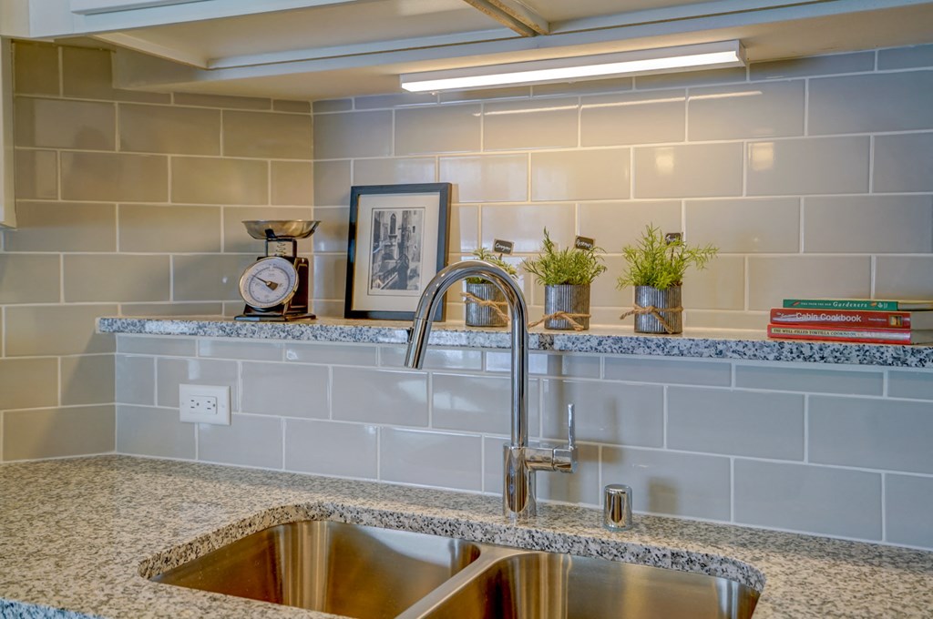 a kitchen with a sink and a chrome faucet