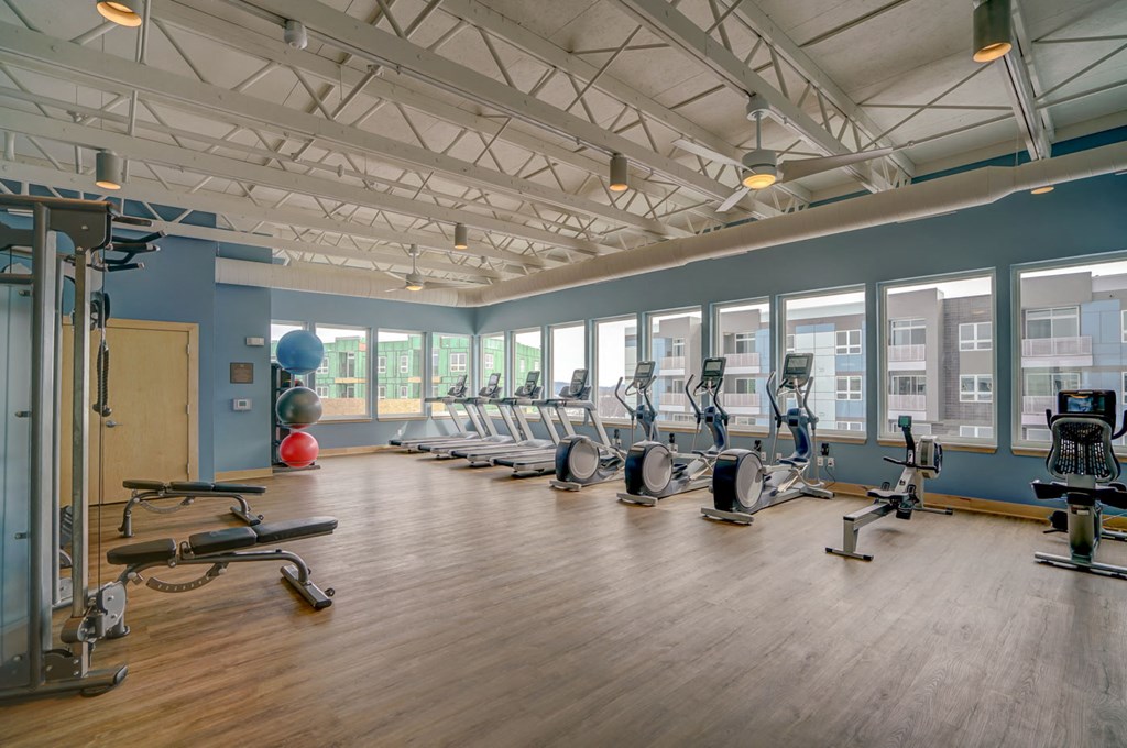 a gym with cardio equipment and windows and a wood floor