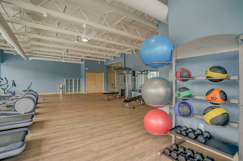 a fitness room with weights and balls and a yoga studio
