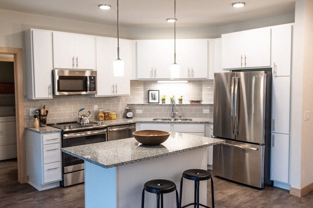 a kitchen with stainless steel appliances and a counter top