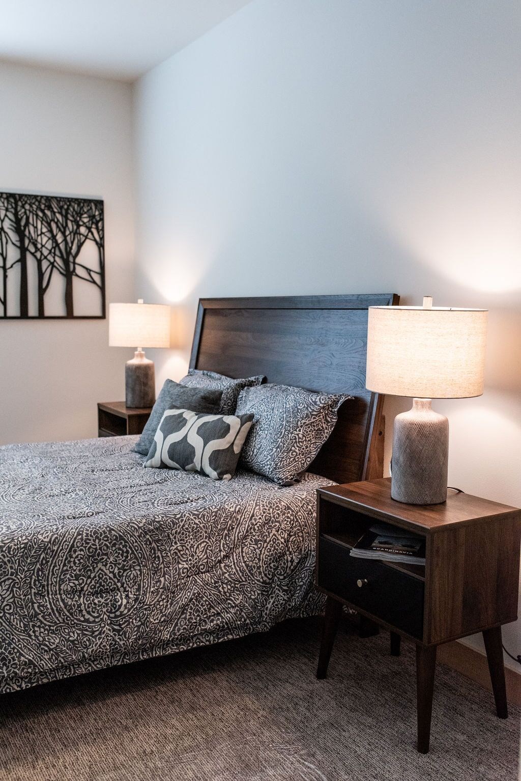 a bedroom with a bed and two lamps