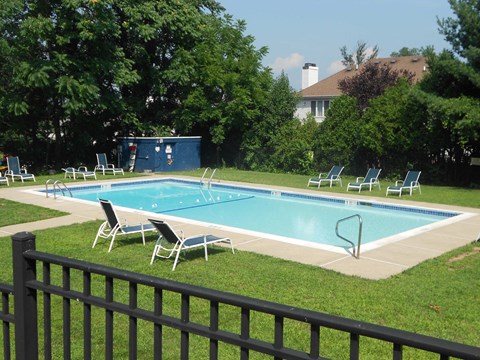 A pool surrounded by lawn chairs and trees.