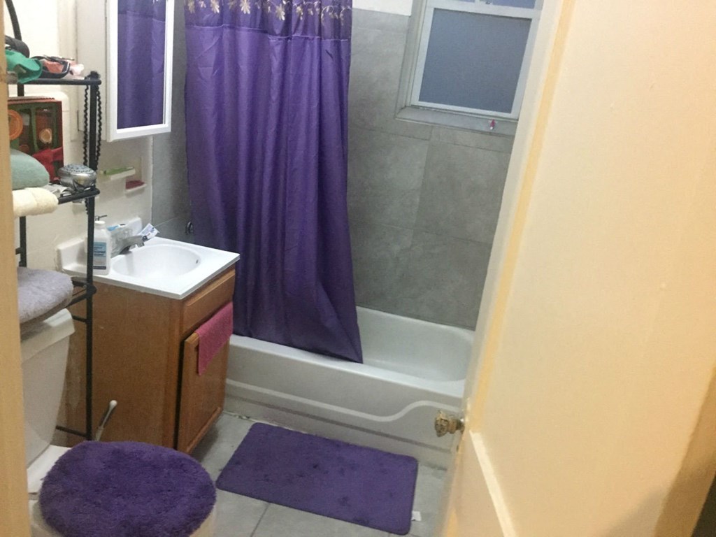 a bathroom with a shower and a sink and purple rugs