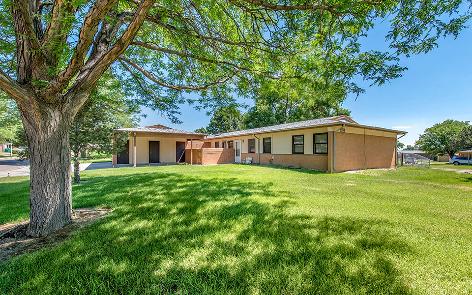 the front of a house with a lawn and a tree
