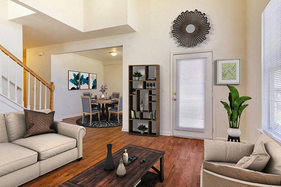 a living room with a couch and a table