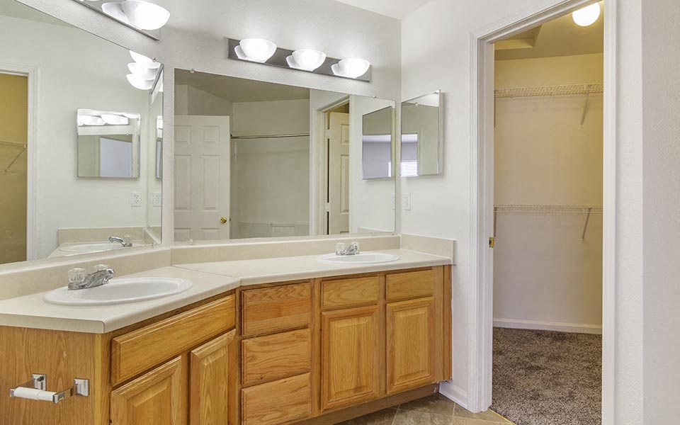 a bathroom with two sinks and a large mirror