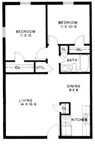 2 Bedroom, 1 Bath Floor Plan 3
