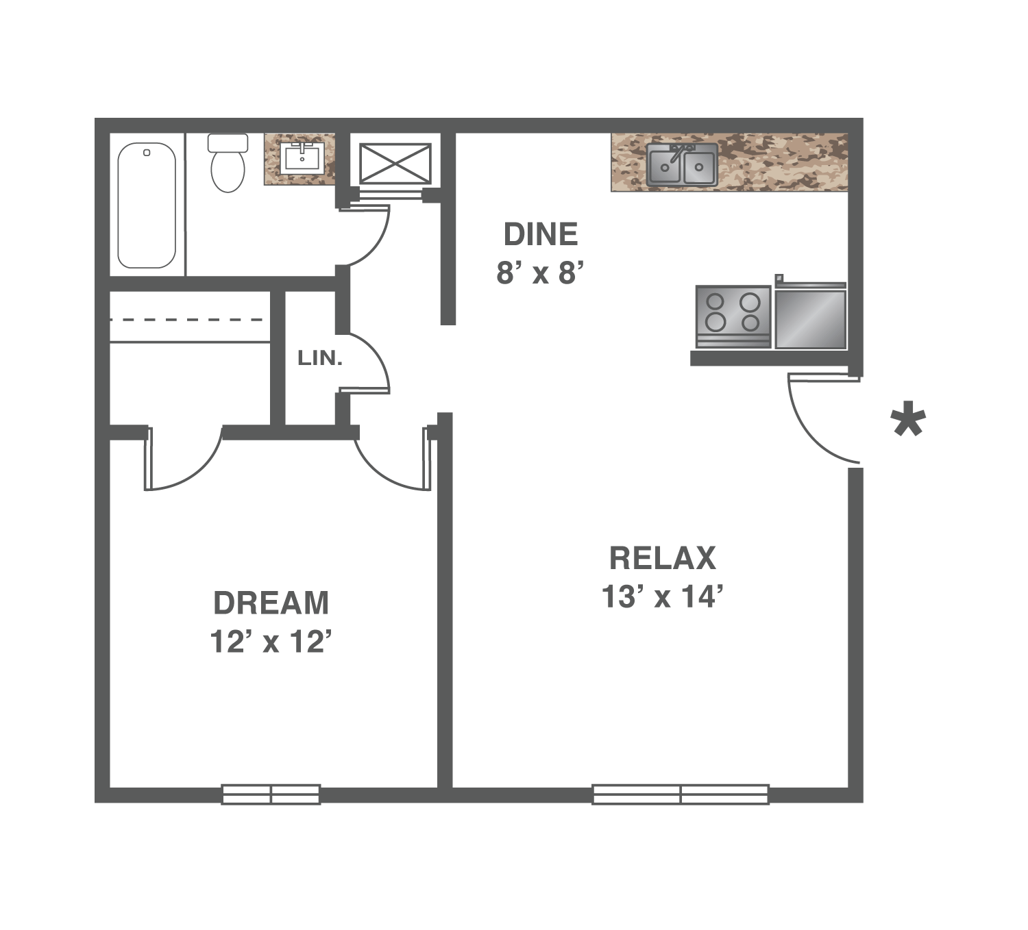 1 Bedroom, 1 Bath Floor Plan 1