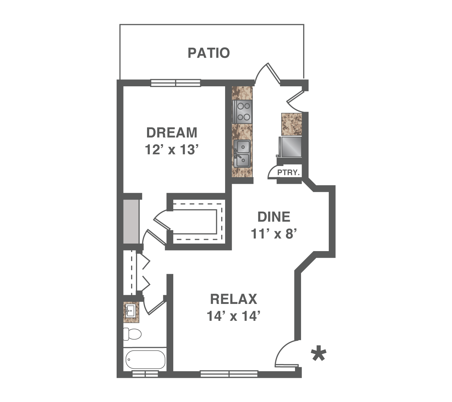 1 Bedroom, 1 Bath Floor Plan 2