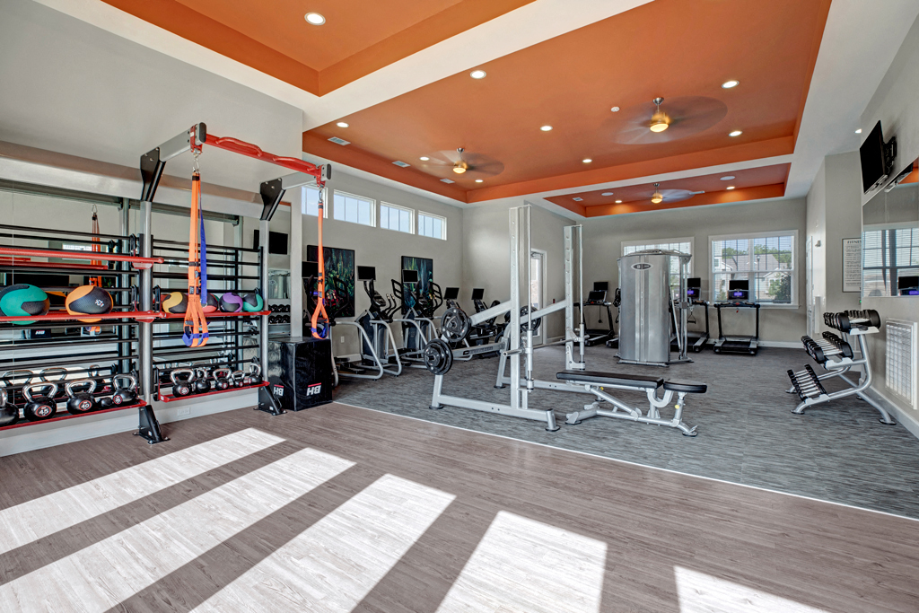Gym. Free weights, medicine balls, work out bench, ellipticals, bikes, treadmills, and a TV at Ascent at Mallard Creek Charlotte, NC