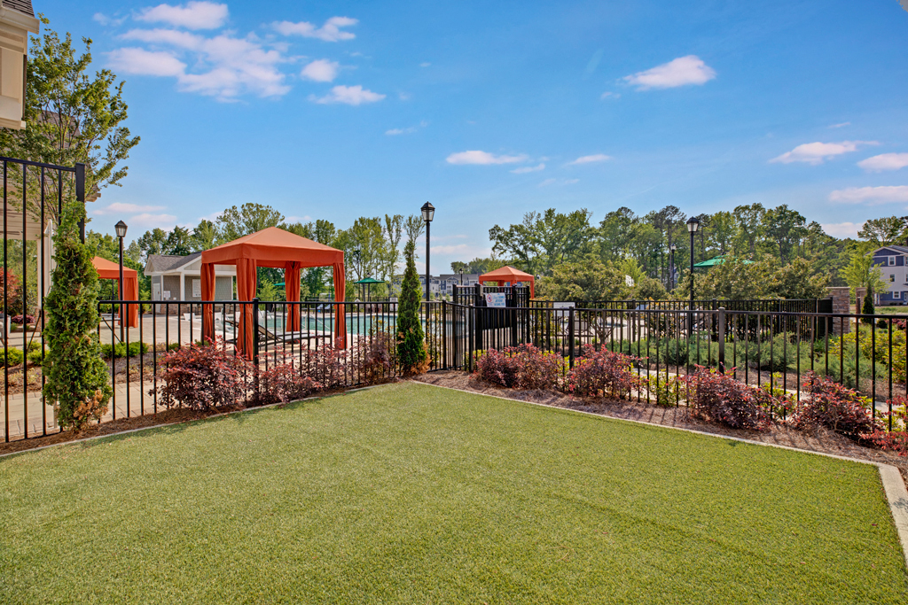 Outdoor area. Fenced in pool, big grass area outside of pool, and cabanas inside pool area at Ascent at Mallard Creek Charlotte, NC