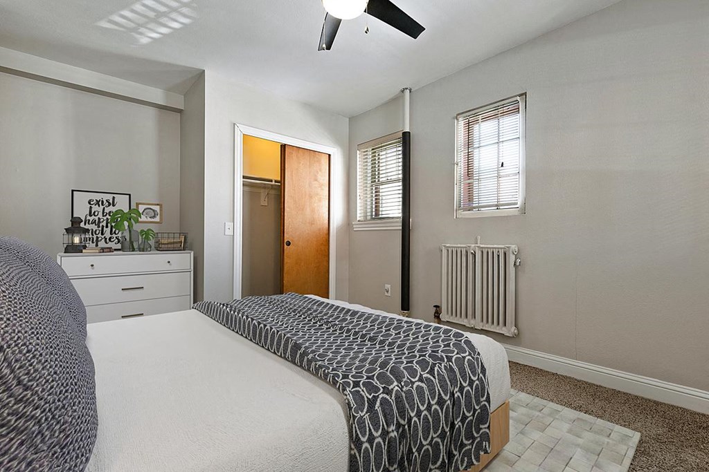 a bedroom with a bed and a closet