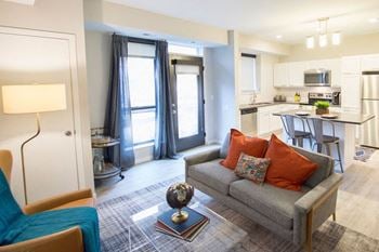 Living Room at Confluence on 3rd Apartments in Des Moines in Downtown Des Moines