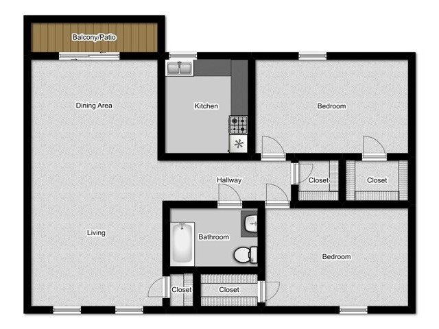 2 Bedroom 1 Bath Charleston Floor Plan 1