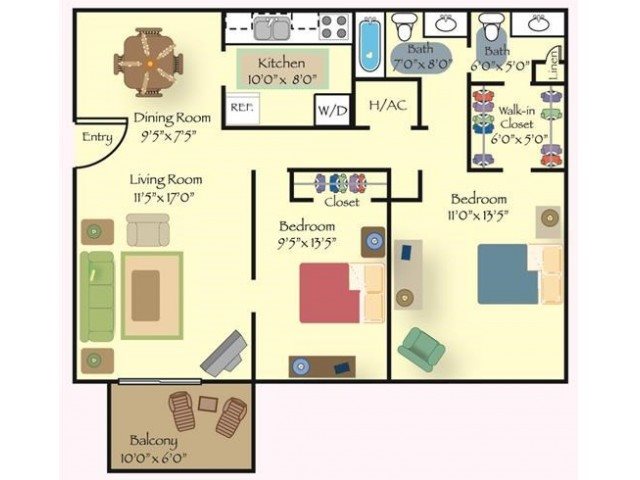 2 Bed 1 Bath Floor Plan 2