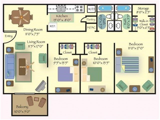 3 Bedroom 2 Bath Floor Plan 3