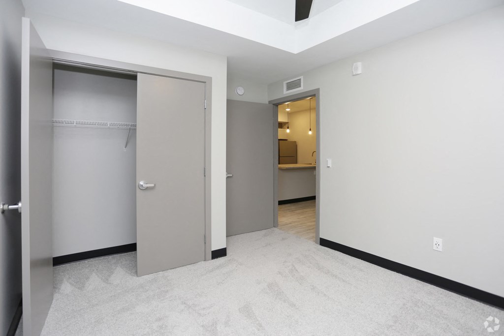 a bedroom with two closets and a door to a bathroom