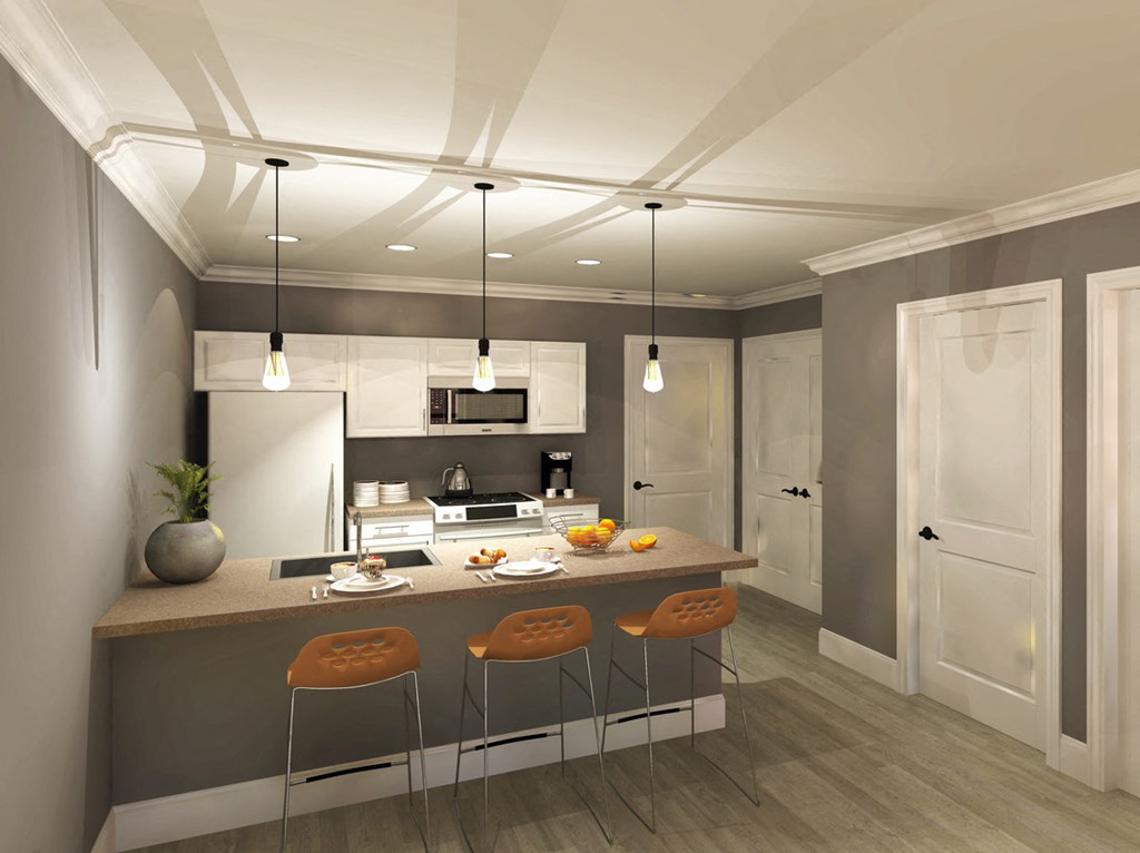 a rendering of a kitchen with an island and three stools