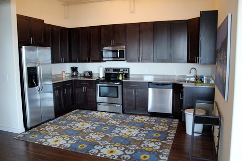 a kitchen with stainless steel appliances and a rug on the floor