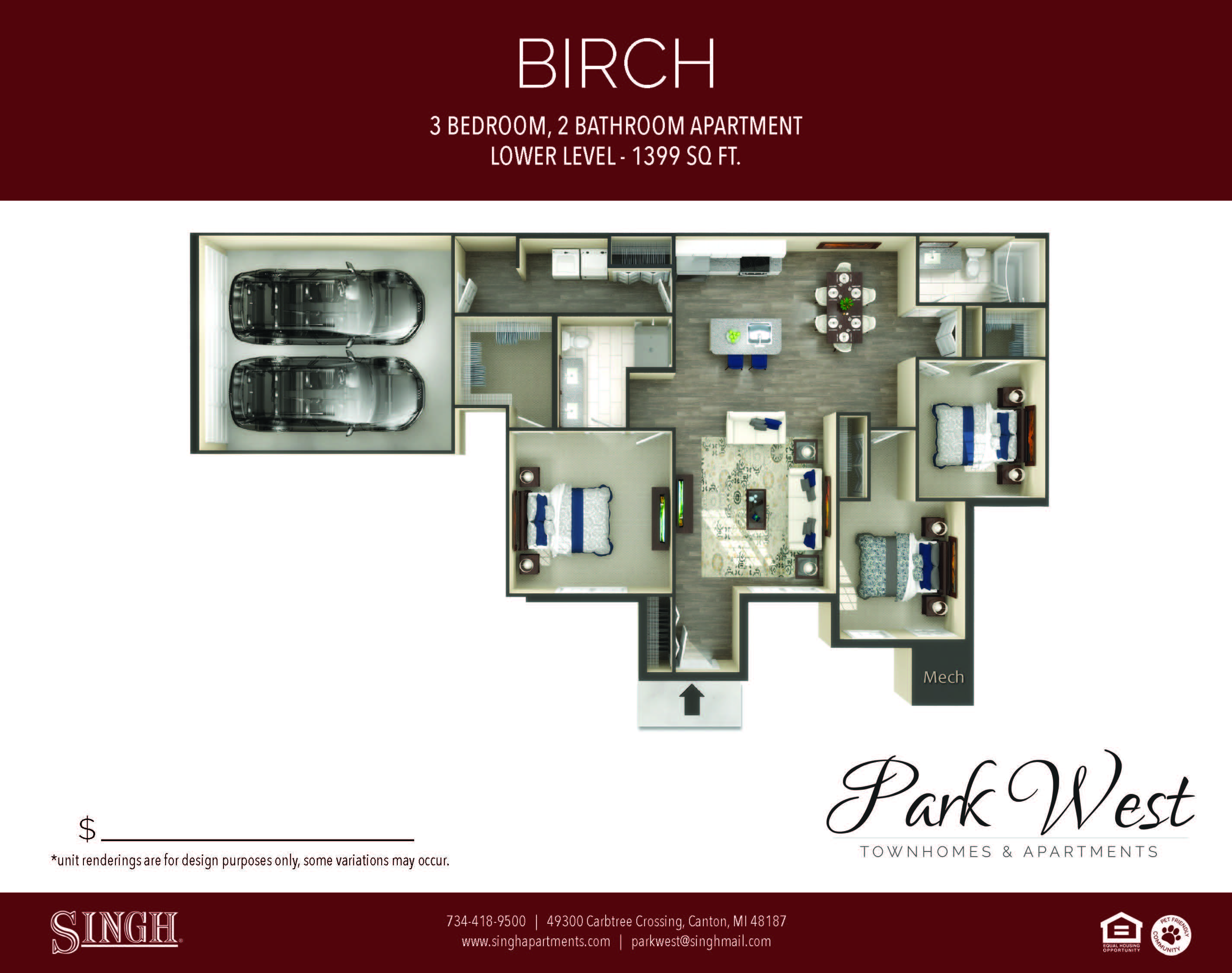 Birch Floor Plan at Park West, Michigan, 48187