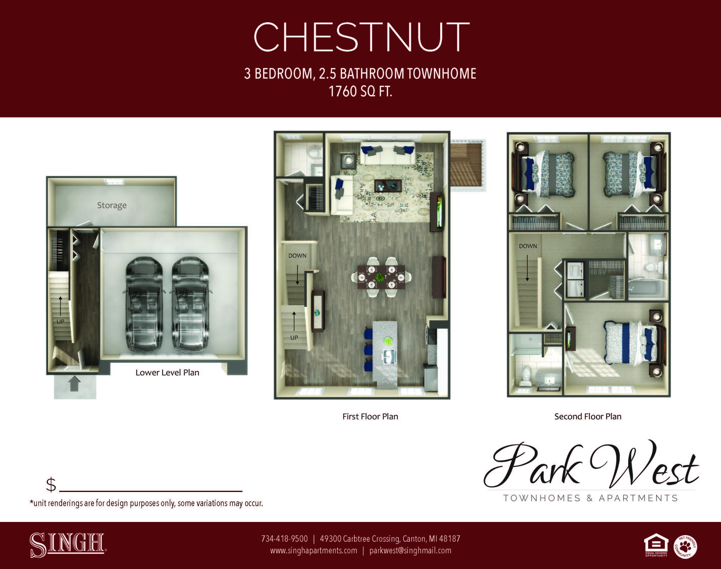 Chestnut Floor Plan at Park West, Canton, MI, 48187
