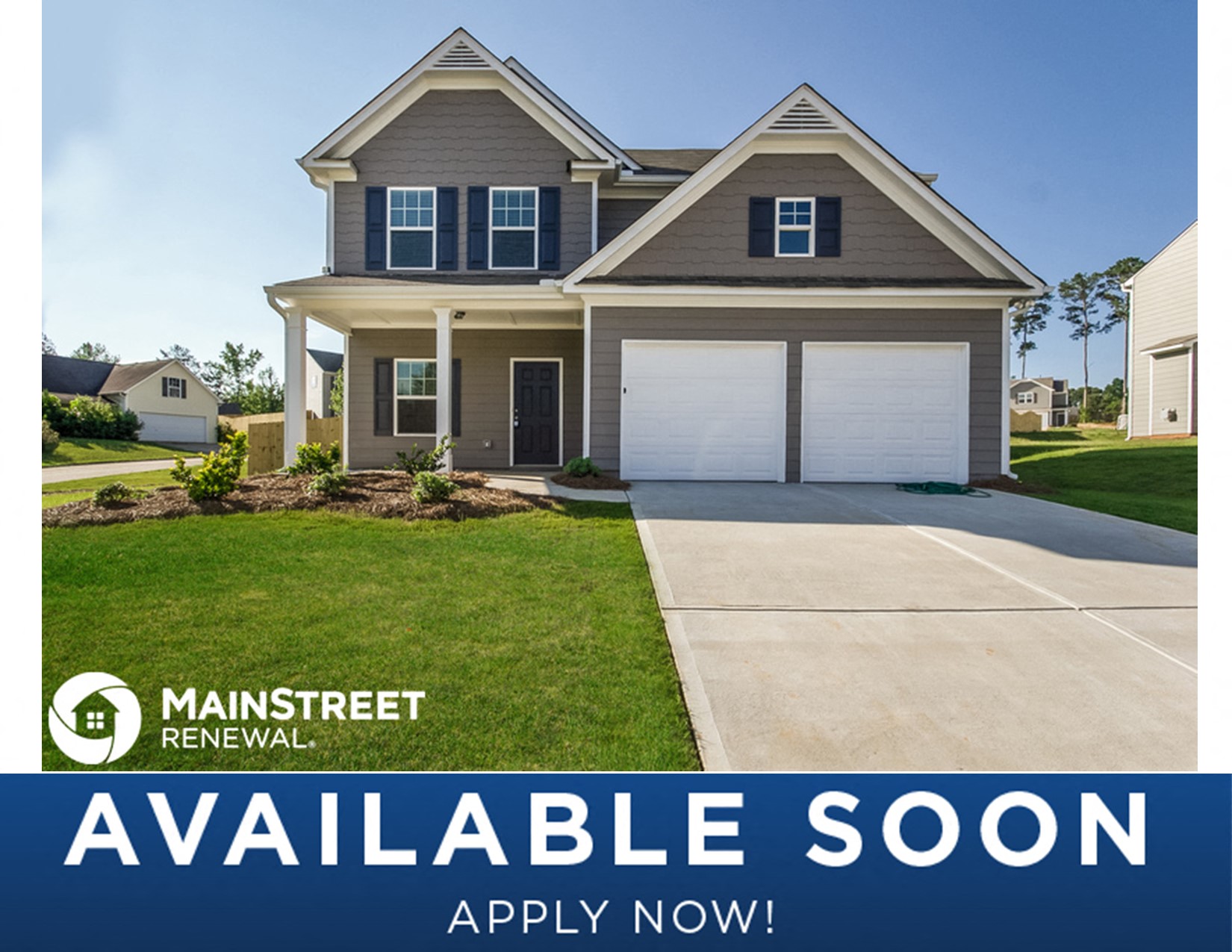 a house with a driveway and a lawn and a sign that reads available soon