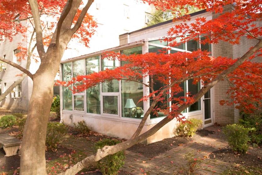 the front of our house in the fall with a red tree