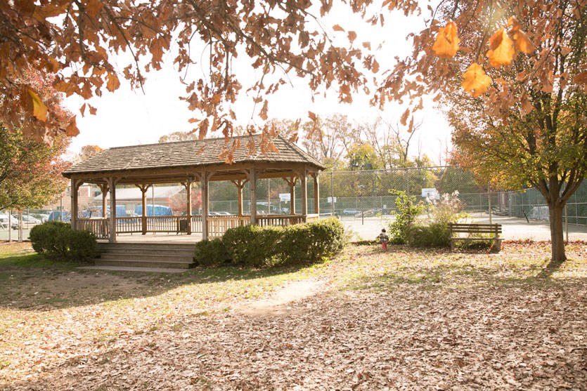a gazebo in a park with leaves on the ground