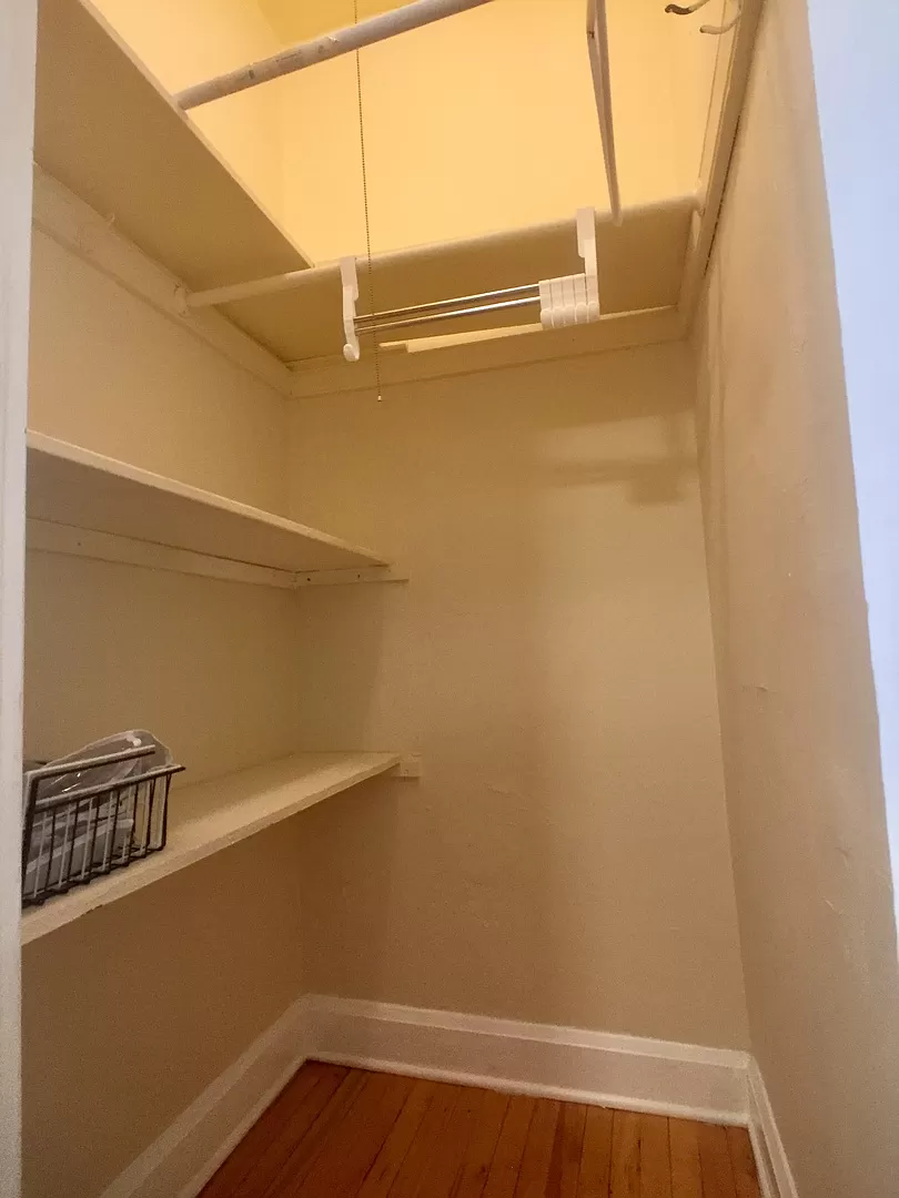 a empty closet with shelves and a wood floor