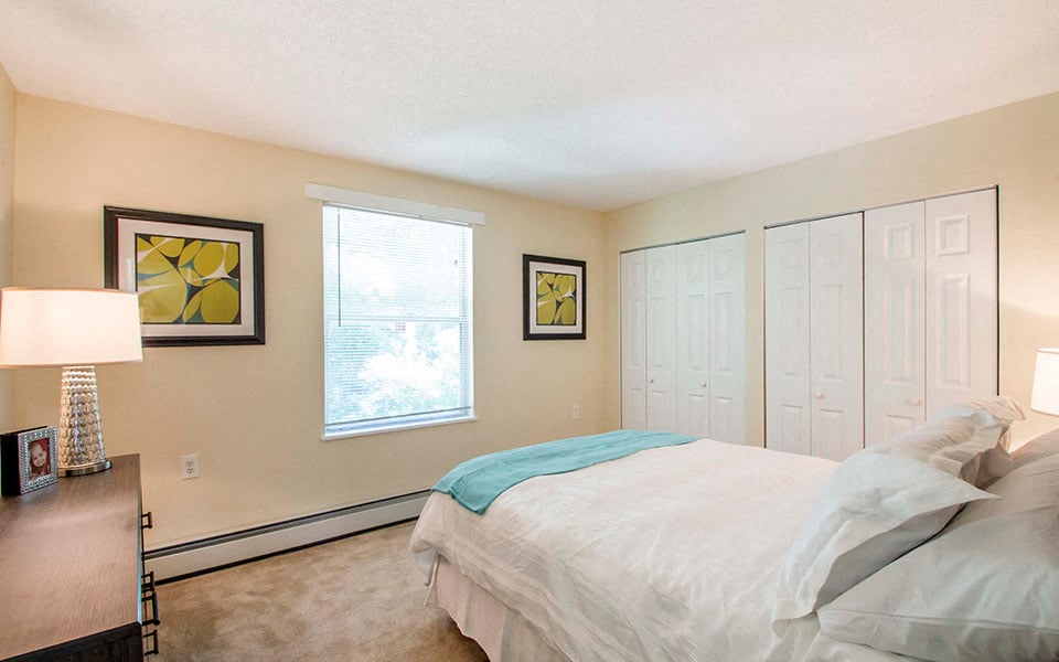 a bedroom with a bed and a closet