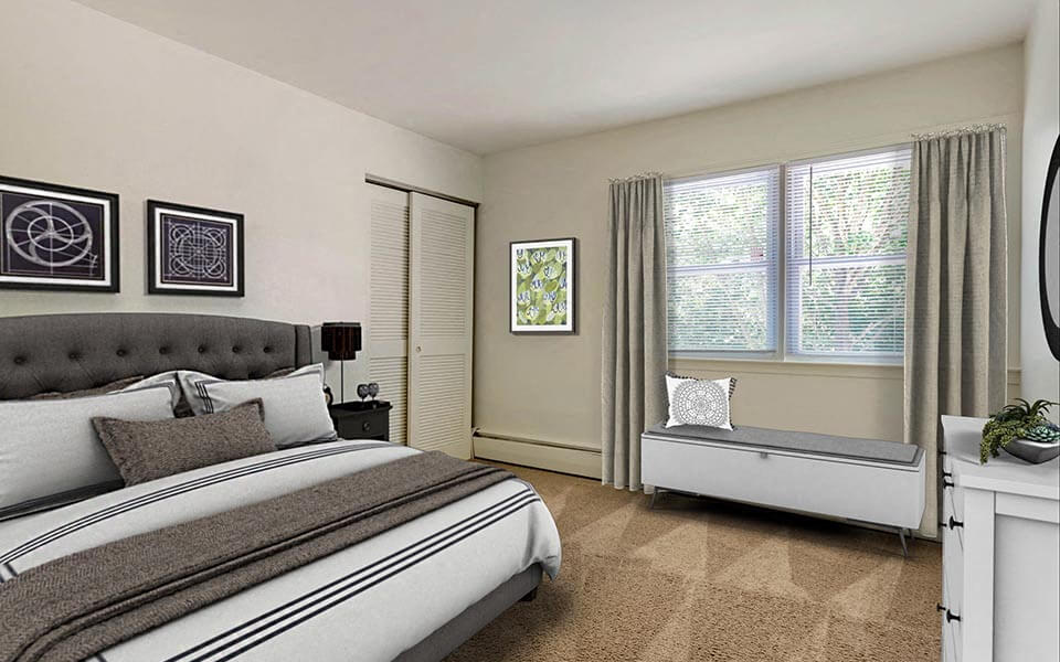 a bedroom with a bed and a window