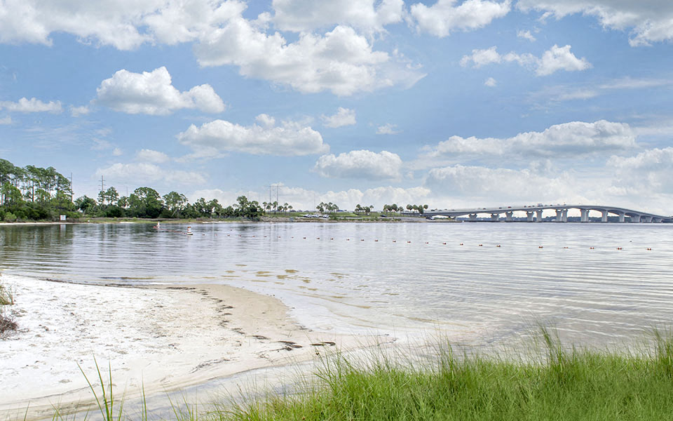 a bridge over a body of water and a beach