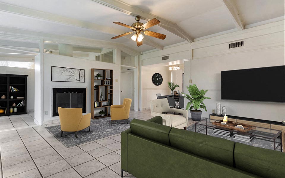 a living room with a couch and a television