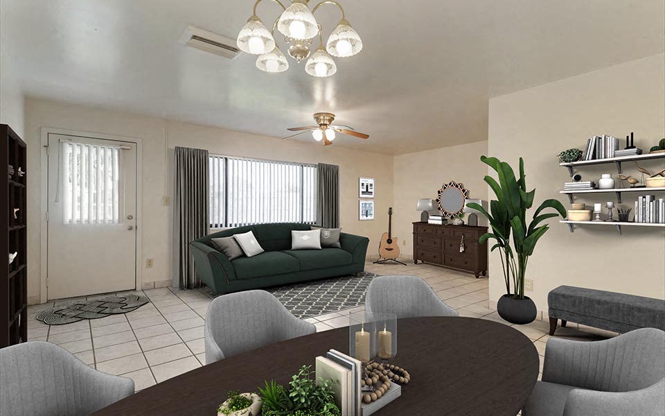 a living room with a couch and a table