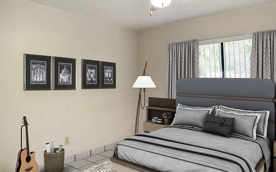 a bedroom with a bed and a guitar in it