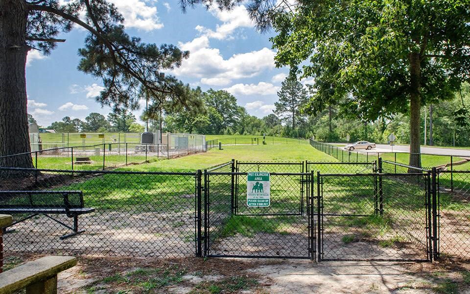 a park with a fence and a soccer field