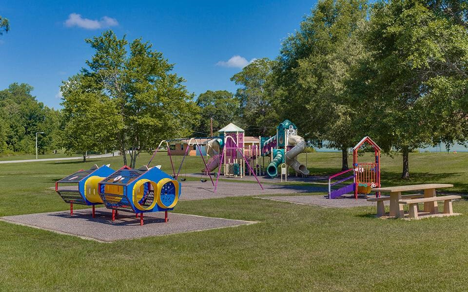 a playground with a bunch of playground equipment in a park