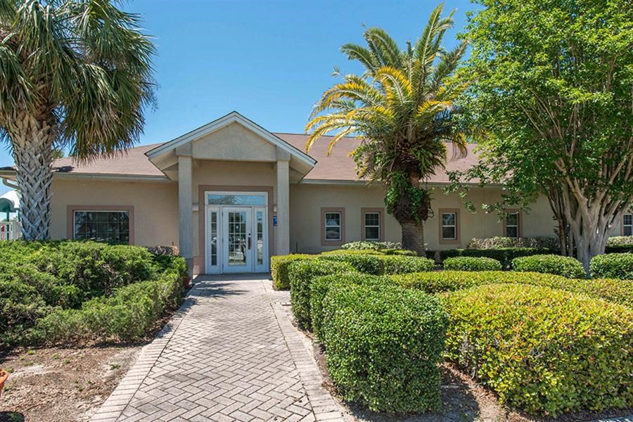 a house with a walkway and a palm tree