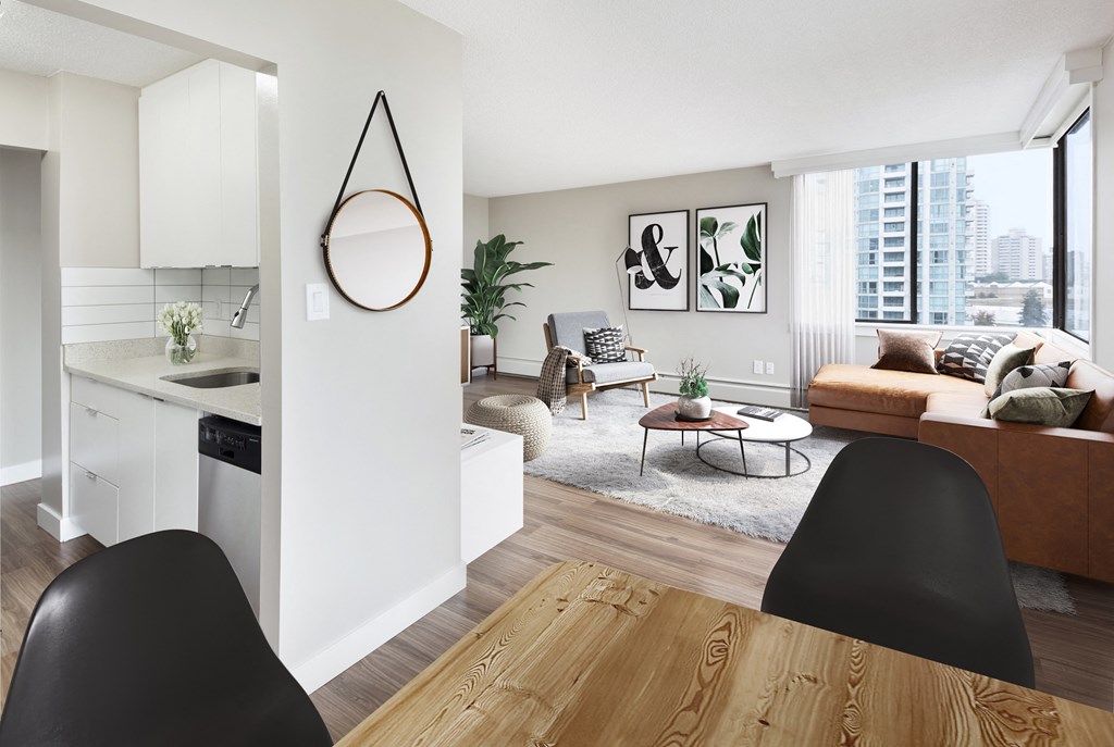 a living room with a dining room and a kitchen