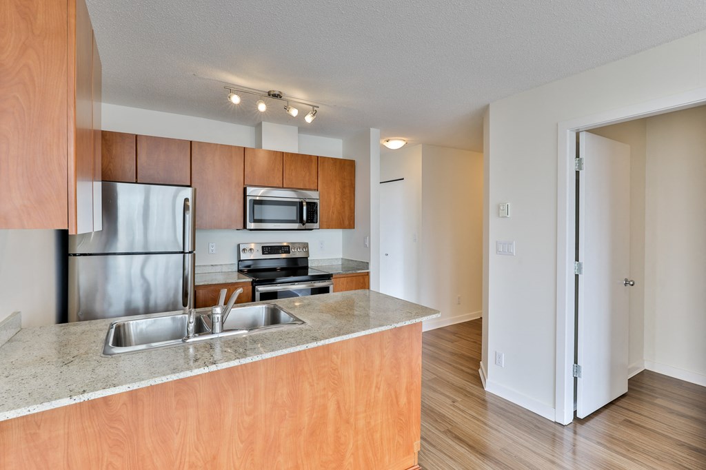 a kitchen with stainless steel appliances and a granite counter top