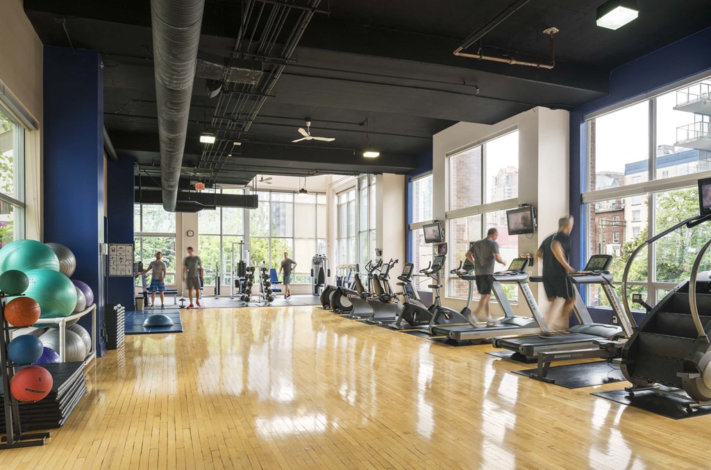 people exercising in a gym with weights and cardio machines
