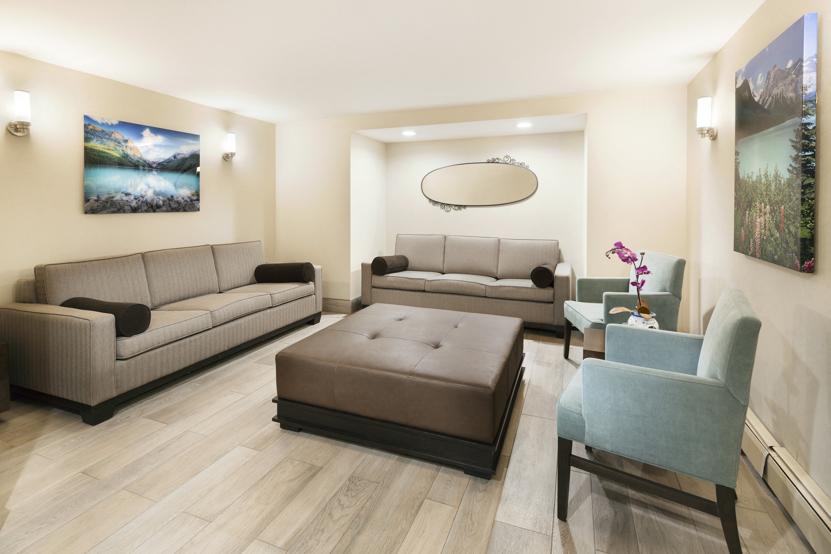 Lobby with several seating areas and a coffee table