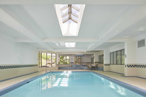 the indoor pool is under a skylight in the pool room of a house