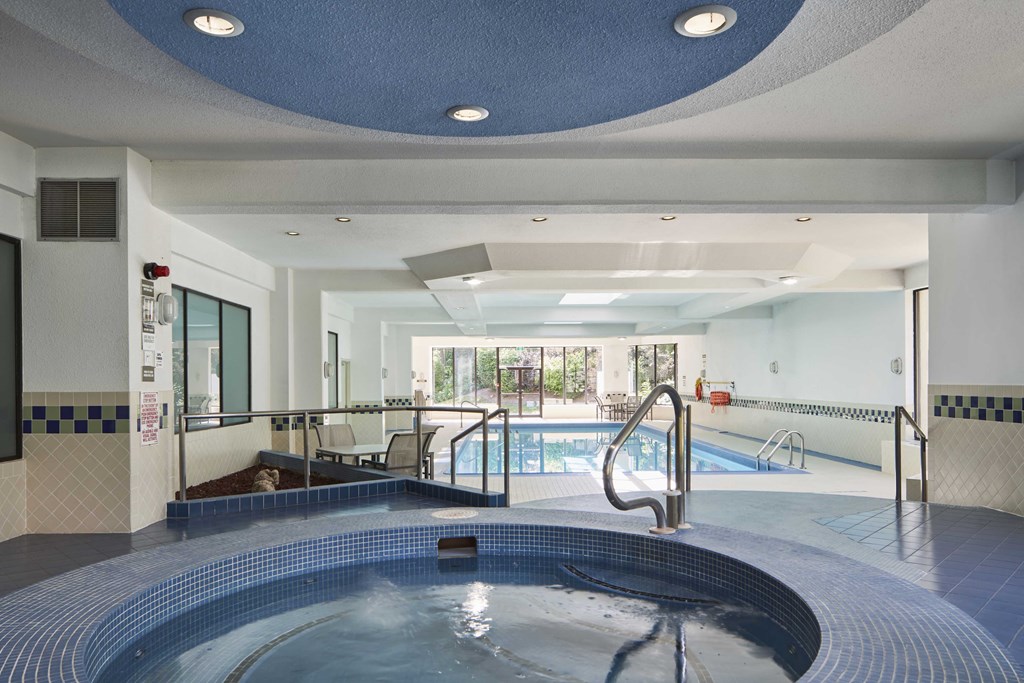 a large jacuzzi tub in a room with a pool