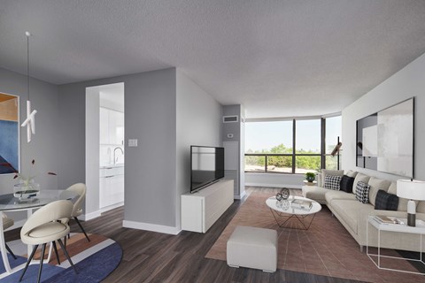 a living room with a white couch and a television